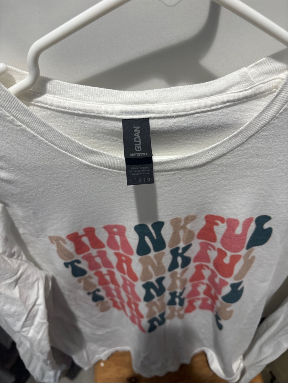 Gildan White Long-Sleeve Tee with Multicolor 'Thankful' Graphic